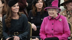 The Queen and the Duchess of Cambridge are all smiles on a visit to De Mont fort University in Leicester, at the start of the Jubilee tour